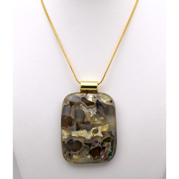 Rectangular Shaped- Custom Glass Fused Gem, Earth Tones 18" chain. 1.25 x 1.5" - Picture 2 of 6